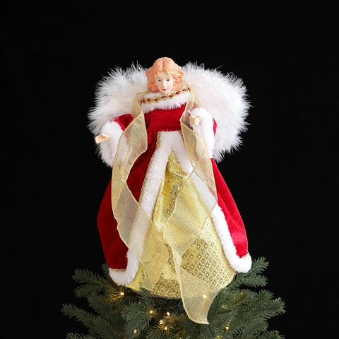 Christmas Angel Tree Topper Elegant Feather Wings Festive Decoration For Holiday Home Party Xmas Ornament Gold White Red