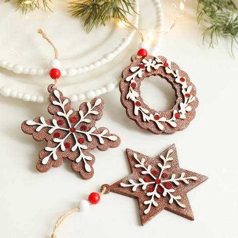 Peperkoek Stijl Houten Kerstboom Hangende Ornamenten Met Houten Kralen Sneeuwvlok Ster Rond Feestelijke Huis Decoratie Hangers