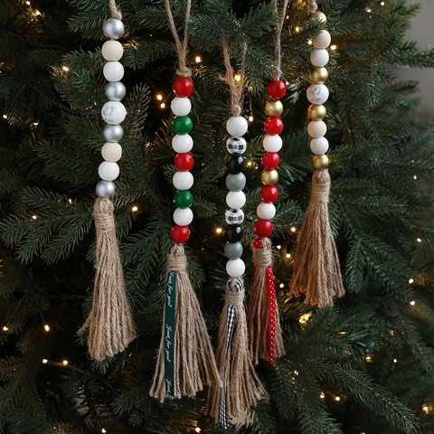 Wood Bead Christmas Garland With Hemp Rope Tassel Reindeer Plaid Pattern Painted Beads Holiday Tree Hanging Decor