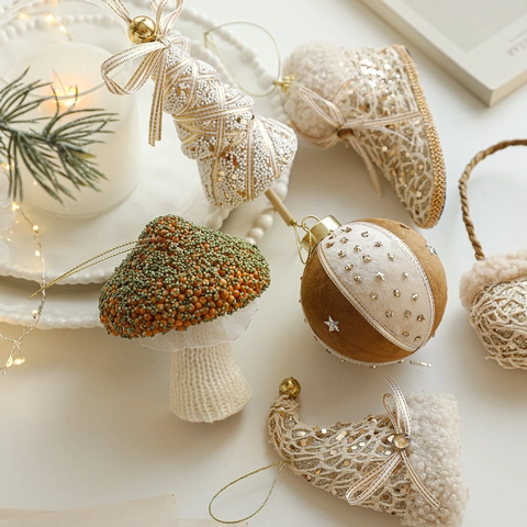 Champagne Schuim Kerstboom Hangende Ornamenten Vintage Kant Pailletten Kralen Paddenstoel Laars Hoed Handschoen Mand Decoratieve Hangers