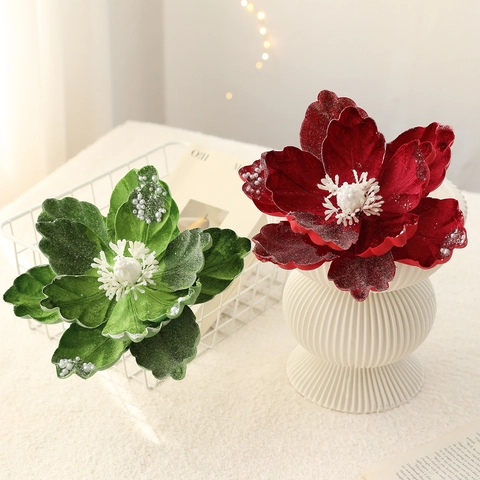 Luxury Flocked Artificial Christmas Flower Velvet Magnolia With Faux Artificial Pearls Glitter For Christmas Tree Decoration Home Decor