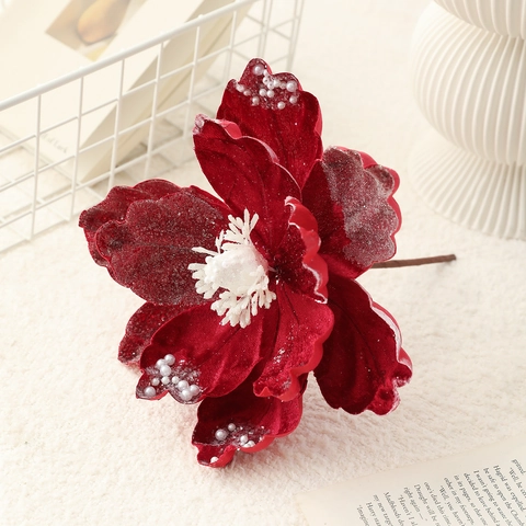 Luxury Flocked Artificial Christmas Flower Velvet Magnolia With Faux Artificial Pearls Glitter For Christmas Tree Decoration Home Decor