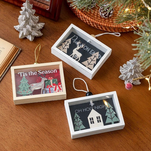 Christmas Wooden Shadow Box Hanging Ornament Reindeer 3D Scene Festive Home Decoration Desktop Tree Accessory