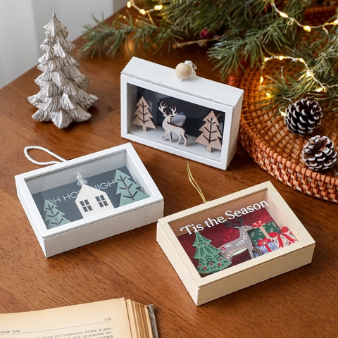Christmas Wooden Shadow Box Hanging Ornament Reindeer 3D Scene Festive Home Decoration Desktop Tree Accessory