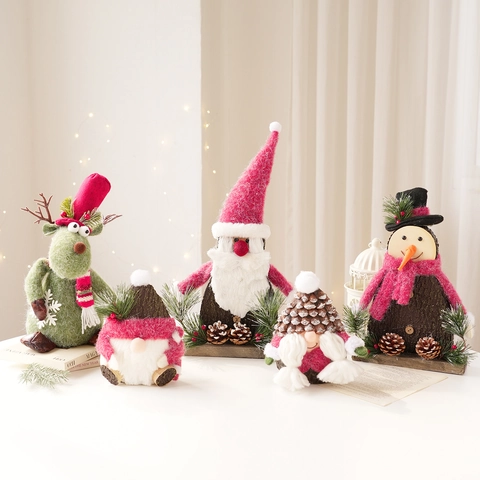 Ornement de Bureau de Noël Père Noël Bonhomme de Neige Renne Gnome Figurine Avec Base en Bois Feutre Tissu Décoration