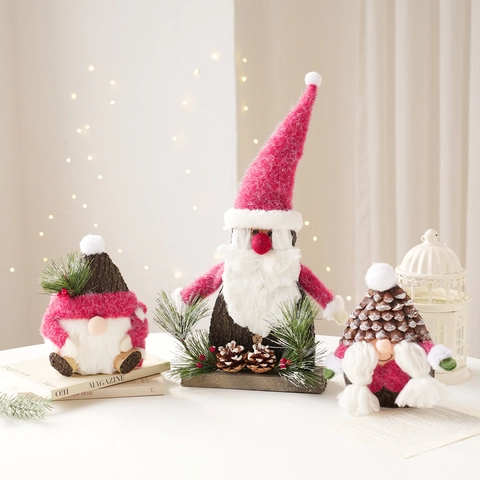 Ornement de Bureau de Noël Père Noël Bonhomme de Neige Renne Gnome Figurine Avec Base en Bois Feutre Tissu Décoration