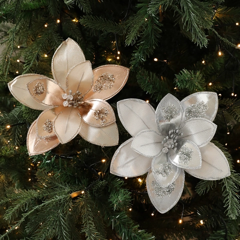Artificial Christmas Poinsettia Flowers Glitter Fabric Sparkling For Christmas Tree Wreath Garland Festive Decoration Elegant Ornament