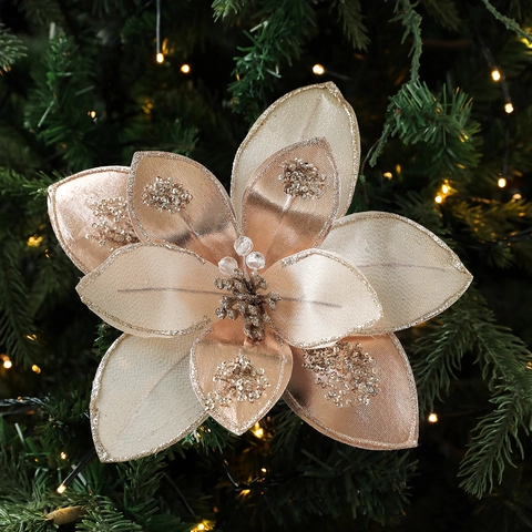 Artificial Christmas Poinsettia Flowers Glitter Fabric Sparkling For Christmas Tree Wreath Garland Festive Decoration Elegant Ornament