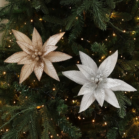 Artificial Glitter Poinsettia Christmas Flowers Fabric Xmas Tree Ornaments For Festive Party Wedding Home Decoration Decor