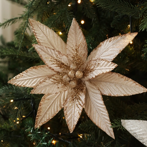 Artificial Glitter Poinsettia Christmas Flowers Fabric Xmas Tree Ornaments For Festive Party Wedding Home Decoration Decor