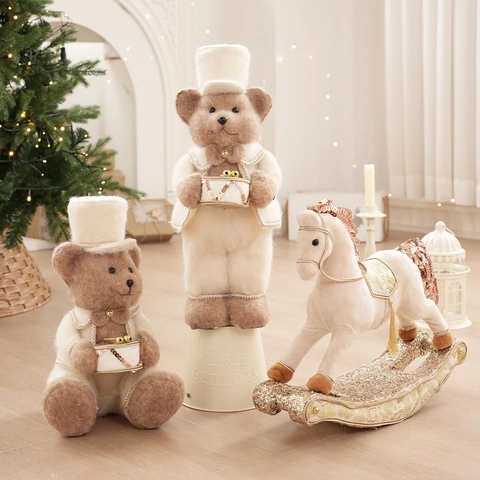 Figurines D'ours De Noël Et Cheval À Bascule En Peluche Tissu À Paillettes Décoration De Table Fête