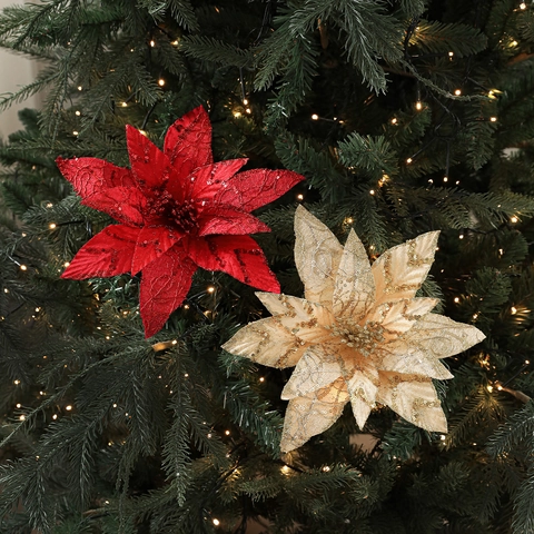 Künstliche Weihnachtsblumen Poinsettia Glitzer Stoffnetz Für Christbaumschmuck Festliche Party Haus Deko