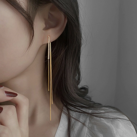 Long Tassel Linear Earrings Copper Cubic Zirconia Micro Pave Chain Dangle Elegant Jewelry For Women Silver Earring Post