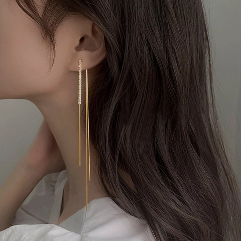 Long Tassel Linear Earrings Copper Cubic Zirconia Micro Pave Chain Dangle Elegant Jewelry For Women Silver Earring Post