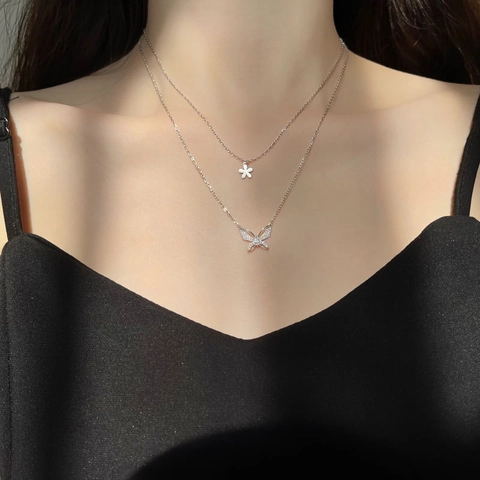 Collier Multi Rang Cuivre Zircone Cubique Papillon Fleur Pendentifs Élégant Minimaliste Bijoux Pour Femmes