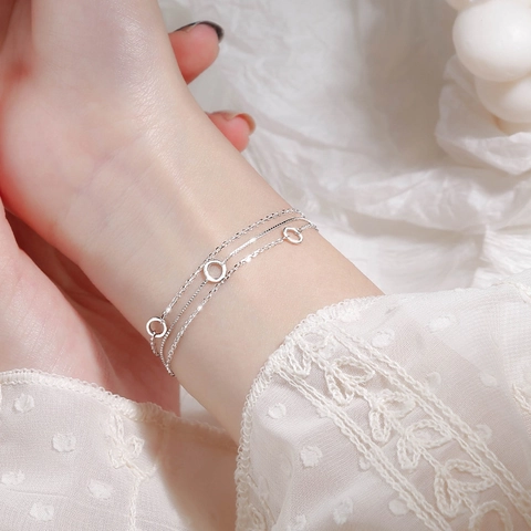 Minimalist Triple Layer Circle Bracelet Silver Plated Copper Geometric Hollow Round Charm Adjustable Jewelry For Women