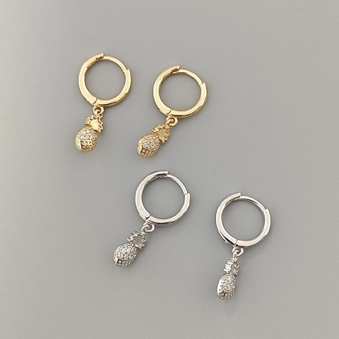 Pineapple Dangle Hoop Earrings Copper With Cubic Zirconia Fruit Theme Fashion Jewelry For Women Silver Earring Post