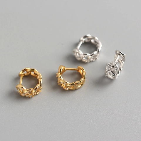 Geometric Chain Link Hoop Earrings Copper Rhinestone Pave With Silver Earring Post Ins Style Jewelry For Women