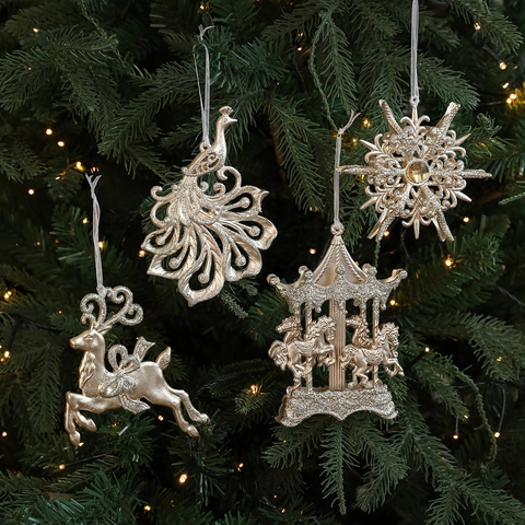 Adornos Colgantes Árbol de Navidad Oro Champaña Purpurina Reno Pavo Real Carrusel Nieve Decoración Fiesta Hogar