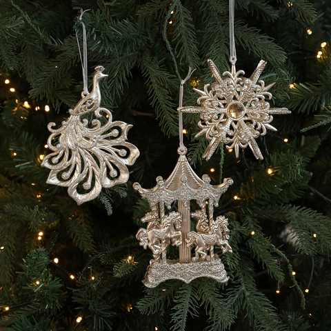 Adornos Colgantes Árbol de Navidad Oro Champaña Purpurina Reno Pavo Real Carrusel Nieve Decoración Fiesta Hogar