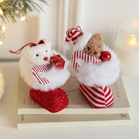 Weihnachten Plüschbär In Stiefeln Hängeornament Rot Weiß Gestreift Gestrickt Weihnachtsbaum Dekoration Festliche Elf Puppe Ornament
