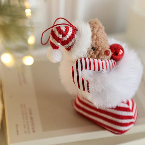 Weihnachten Plüschbär In Stiefeln Hängeornament Rot Weiß Gestreift Gestrickt Weihnachtsbaum Dekoration Festliche Elf Puppe Ornament