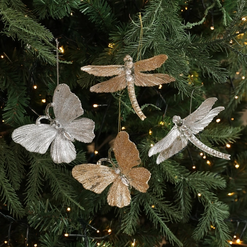 Glitter Plastic Butterfly Dragonfly Christmas Tree Hanging Ornaments Gold Silver Transparent Insect Festive Holiday Party Decor