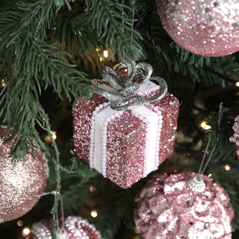 Roze Glitter Kerstbal Hangers Schuim Glinsterende Cadeauverpakking Kerstboom Hangende Ornamenten Feestdecoratie