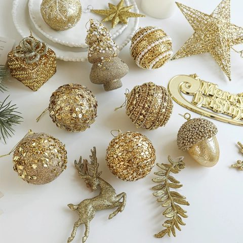 Adornos Colgantes de Árbol de Navidad Dorados de Lujo Bola de Espuma Purpurina Estrella Perla Artificial Imitación Bellota Caja de Regalo