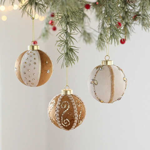 Fluwelen Kerstbal Ornamenten Pailletten Borduurwerk Luxe Hangende Ballen Vakantie Boom Decor Retro Stof Handgemaakte Charme