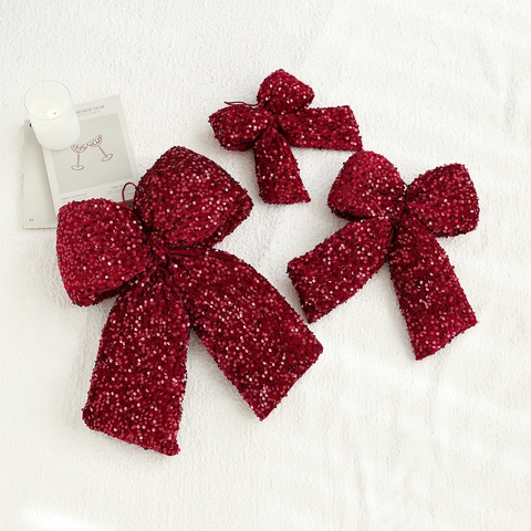 Fiocco Di Natale Con Paillettes Rosse Ornamento Sospeso In Tessuto Lucido Per Decorazione Albero Stile Elegante Lusso