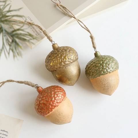 Christmas Wooden Acorn Hanging Ornaments Vintage Metallic Pine Nut For Christmas Tree Decor With Hemp Rope Holiday Decor