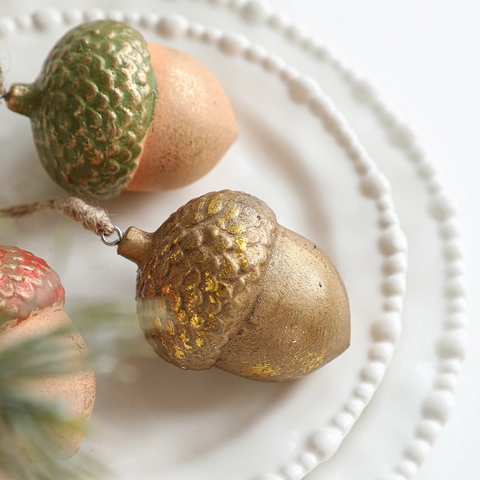 Christmas Wooden Acorn Hanging Ornaments Vintage Metallic Pine Nut For Christmas Tree Decor With Hemp Rope Holiday Decor