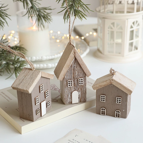 Wooden Christmas House Hanging Ornaments Mini Wood Hut Pendants With Hemp Rope For Xmas Tree Home Holiday Party Decorations