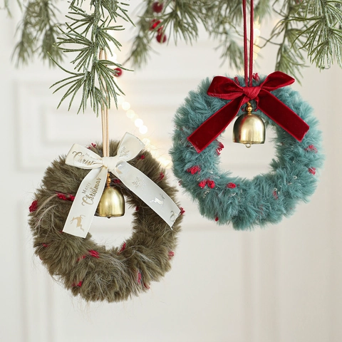 Guirnalda De Navidad De Peluche Colgante Cinta Lazo Campana De Metal Decoración De Ventana Regalo