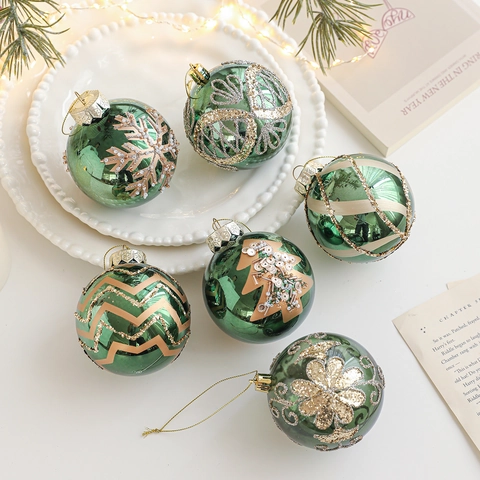 Elegantes Bolas de Navidad Verde Esmeralda de Plástico Acabado Espejo Purpurina Copos de Nieve Patrón Árbol Adornos Colgantes Para Decoración de Fiesta