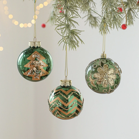 Elegantes Bolas de Navidad Verde Esmeralda de Plástico Acabado Espejo Purpurina Copos de Nieve Patrón Árbol Adornos Colgantes Para Decoración de Fiesta