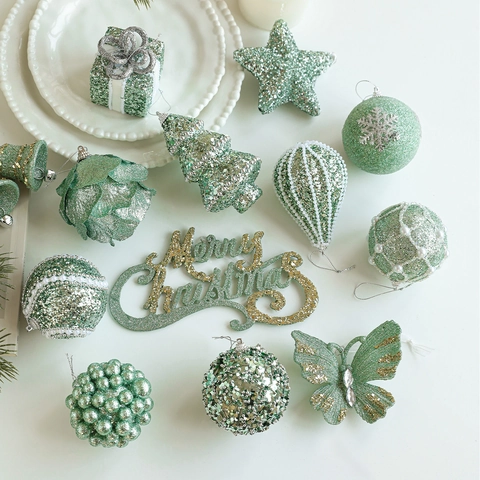 Adornos Navideños Verde Menta Espuma Lentejuelas Bolas Perla Artificial Estrella Árbol Colgante Decoración Hogar Festiva