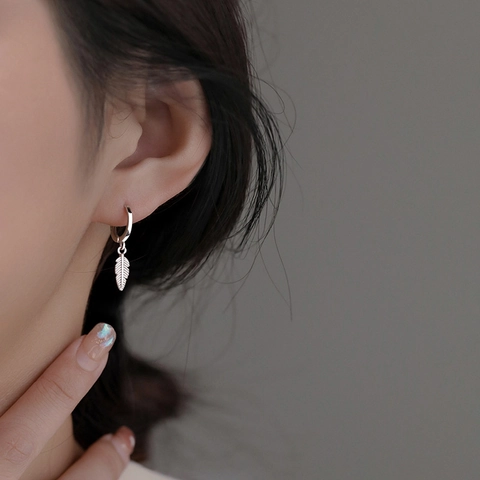 Leaf Feather Hoop Earrings Copper With 925 Sterling Silver Earring Post Elegant Simple Fashion Jewelry Women