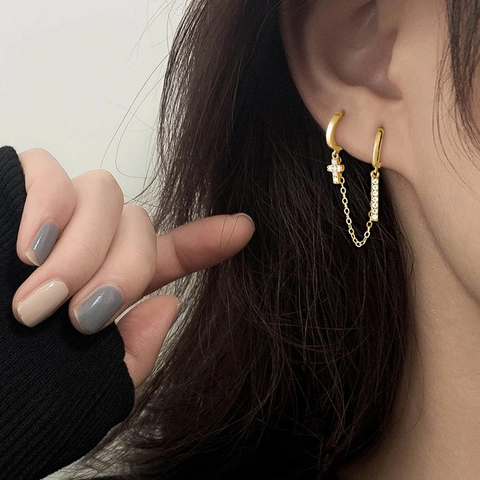Double Piercing Chain Earrings Copper With Rhinestone Cross And Bar Charms Korean Style For Women