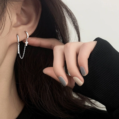 Double Piercing Chain Earrings Copper With Rhinestone Cross And Bar Charms Korean Style For Women