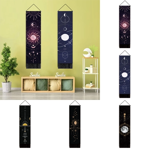 Wandteppich Boho Mondphasen Sonne Sterne Astrologie Vertikal Hängend Mit Quasten Und Holzstange