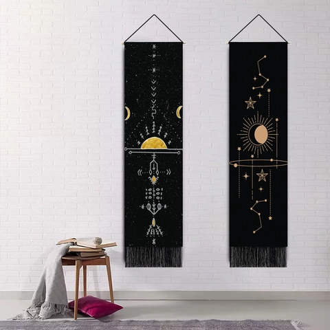 Wandteppich Boho Mondphasen Sonne Sterne Astrologie Vertikal Hängend Mit Quasten Und Holzstange