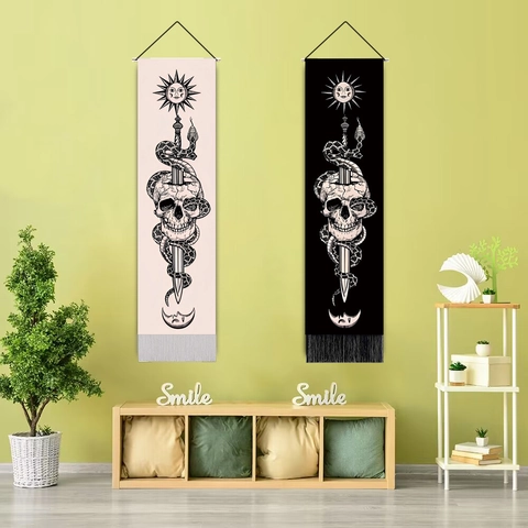 Gothic Tarot Wall Tapestry Sun Moon Skull Snake Pattern Hanging Scroll With Tassels Polyester Cotton Home Decor