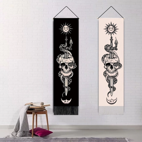 Gothic Tarot Wall Tapestry Sun Moon Skull Snake Pattern Hanging Scroll With Tassels Polyester Cotton Home Decor