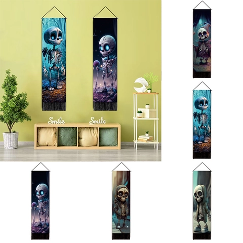 Skelett Totenkopf Cartoon Wandteppich Scroll Polyester Stoff Mit Quaste Und Holzstab Heimdekor