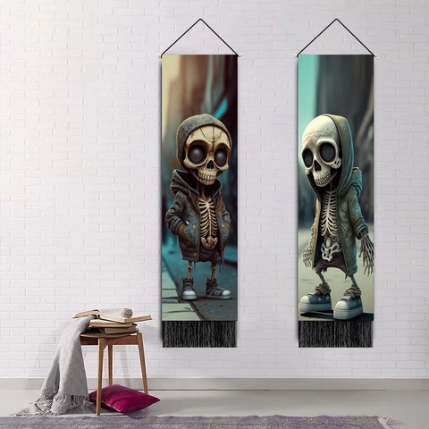 Skelett Totenkopf Cartoon Wandteppich Scroll Polyester Stoff Mit Quaste Und Holzstab Heimdekor