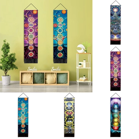 Seven Chakra Wall Hanging Tapestry Polyester Cotton Blend Vertical Long Narrow Scroll With Wood Rod Tassel Meditation Zen Art