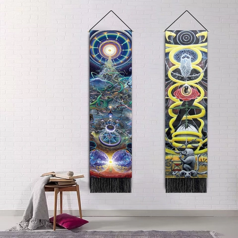 Seven Chakra Wall Hanging Tapestry Polyester Cotton Blend Vertical Long Narrow Scroll With Wood Rod Tassel Meditation Zen Art