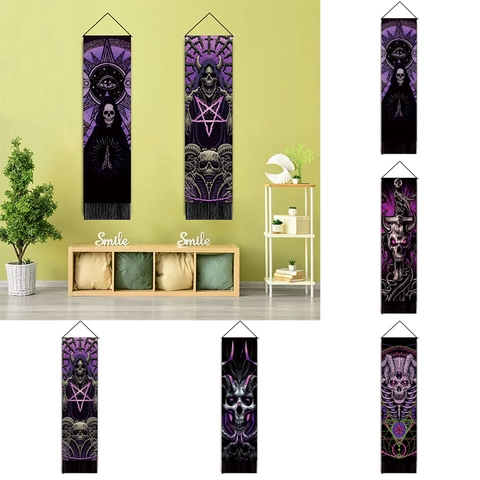 Gotisch Wandtapijt Met Schedel En Pentagram Patronen Van Polyester Katoenmix Met Kwastjes Voor Slaapkamer Woonkamer Decoratie